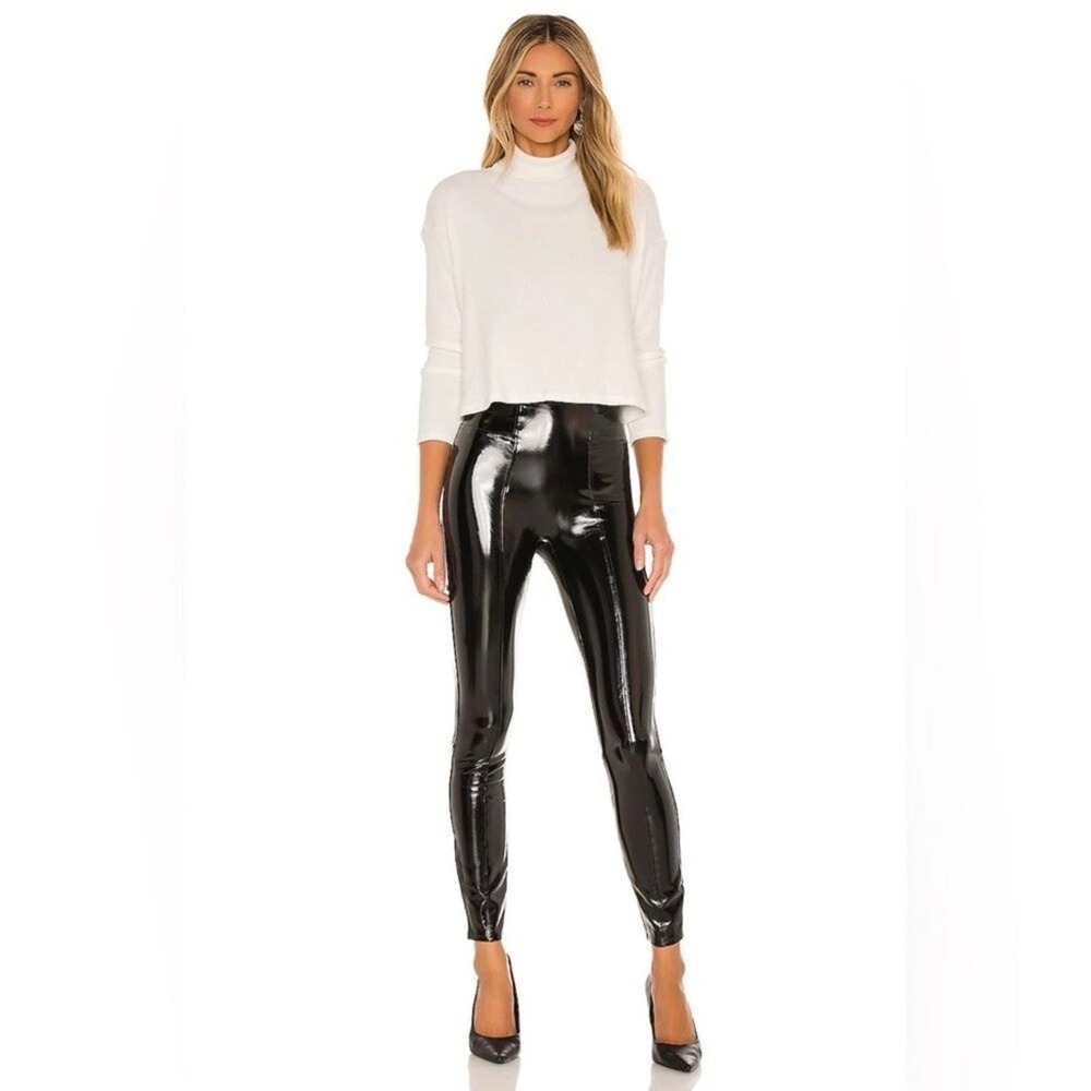Spanx Black Leggings Faux Patent Leather Pants Mid Rise Skinny Slim Small
